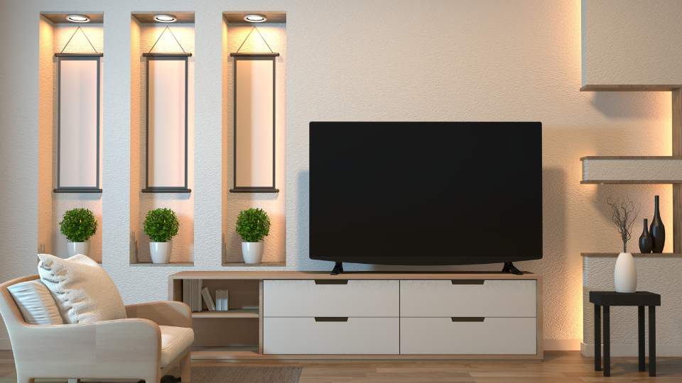 Nowoczesny salon z elegancką ścianą z telewizorem