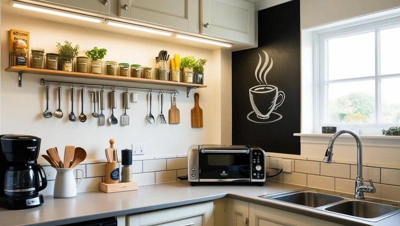 Jedna ściana w kuchni może być pomalowana farbą kredową, a nad blatem nałożone okleiny imitujące kafle