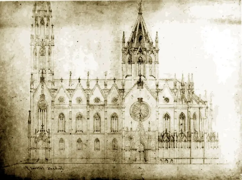 Szkic przedstawia projekt Sagrady Famílii w stylu neogotyckim zaprojektowany przez Francisca de Paula del Villara. / sagradafamilia.org